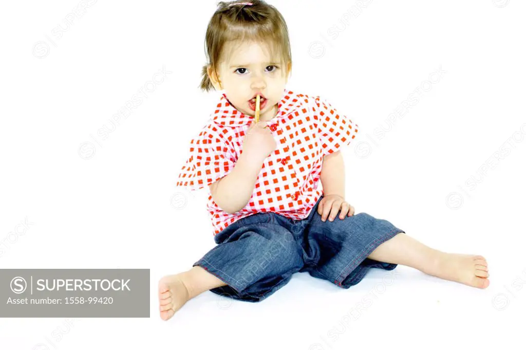 Floor, toddler, cookie, eat,    Child, small, girls, 1-3 years, dark-blond, nakedfoot, blouse checkered, sitting, seriously, self-confidently, cutely,...