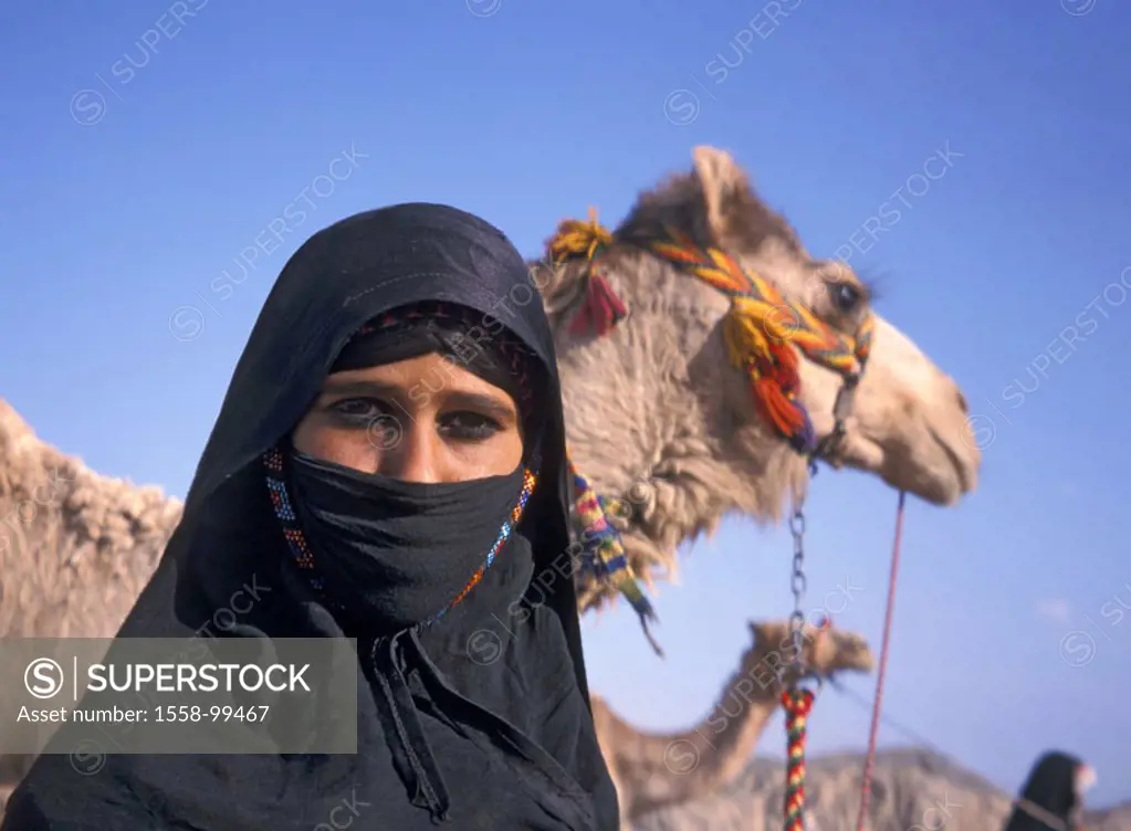 Egypt, Sahara, camel, woman, veil, portrait, , Egyptian, natives, clothing, Burka, Chador, veils, face veils, black, gaze camera, Bedouins, camel driv...