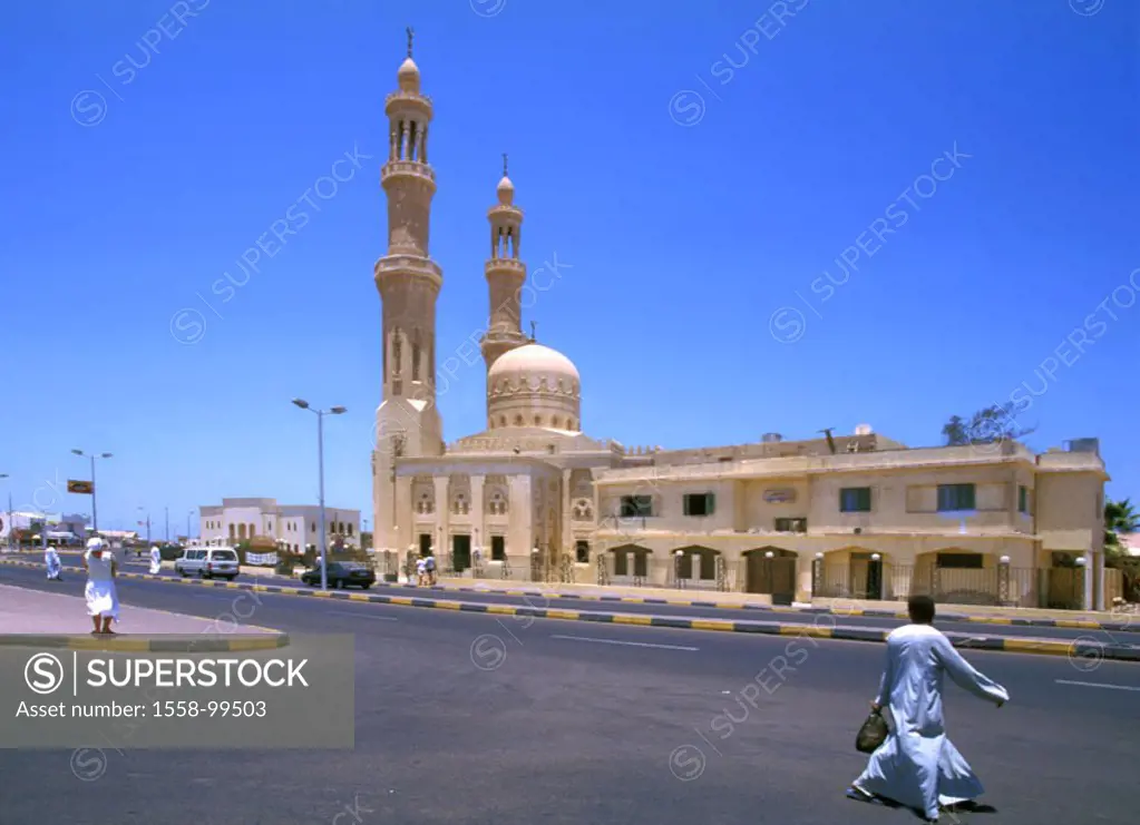 Egypt, Hurghada, Abd-el-Menaim-Rhiad Mosque, Straßenszene,   Abd-el Moniem Reyad mosque, buildings, construction, towers, minarets, architecture, cult...
