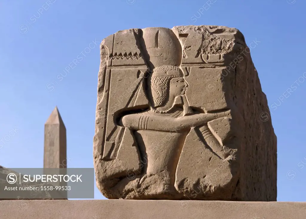 Egypt, Luxor, Karnak temples, Stone block, relief, background, obelisk,  Thutmosis I.,  Temple installation, Amun temples, Karnak-Tempel, stone, rock,...