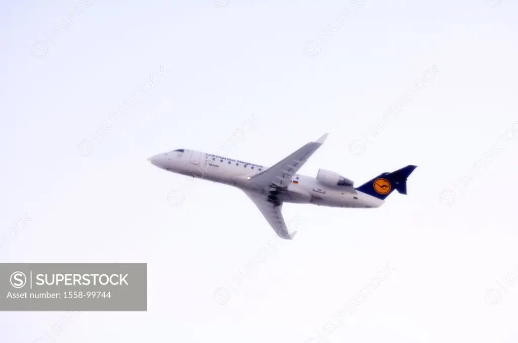 Airplane, airline, Lufthansa,  Flight, from below,  no property release,  Passenger airplane, bombard, Canadair RJ700, Cityline, means of transportati...