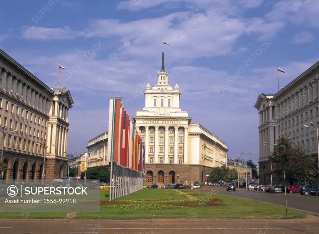 Bulgaria, Sofia, ehem.  Communist  Party buildings, green area, flower beds,  Flags, international,  Southeast Europe, Balkans, city, capital, largo, ...