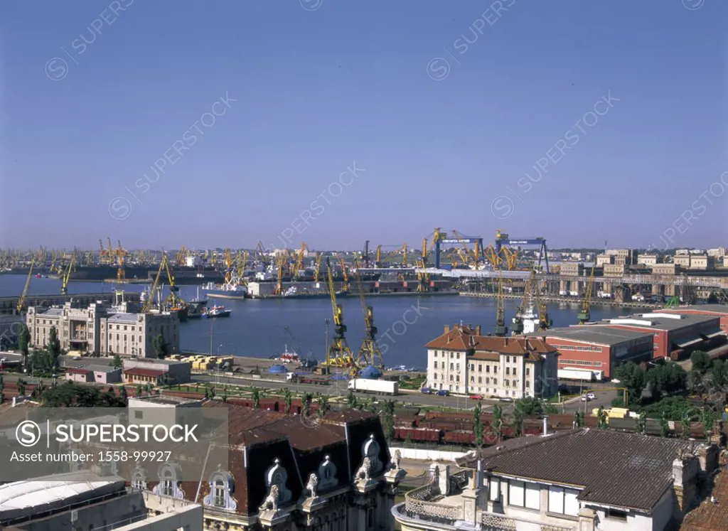 Romania, Constanta, view at the city,  Harbor,   Black sea coast, Dobrudscha, city, port, freight harbor, crane, black sea, buildings, houses,