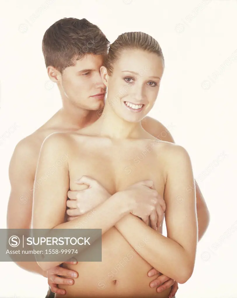 couple, young, upper body freely, stand,  consecutively, embrace, breasts,  covers, Halbporträt,  Series, 20-30 years, youth, smiling, partnership, re...