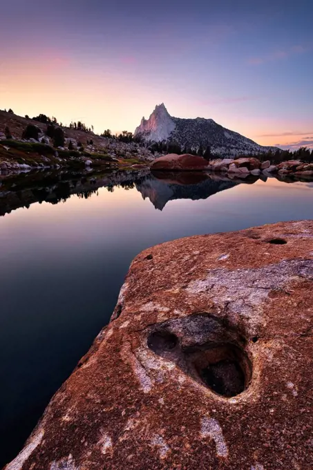USA, America, California, mountains, Yosemite, Budd Lake, Cathedral Peak, summit, rock, lake, water, colour, mood, landscape,