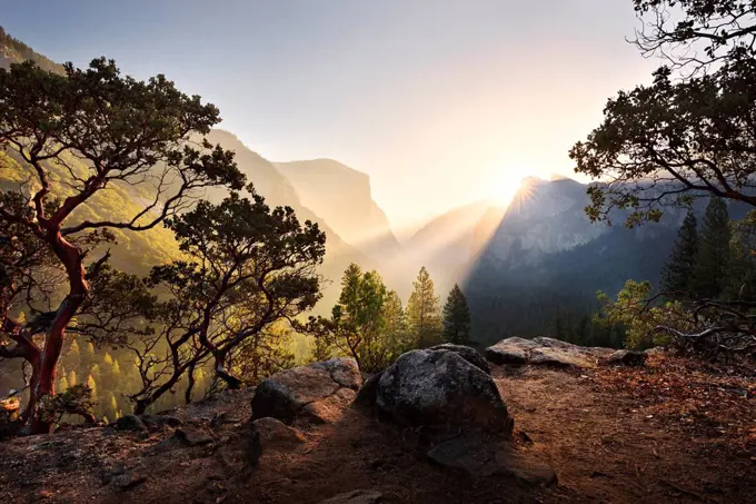 USA, America, California, Yosemite National Park, Tunnel View, light, back light, mood, sun, rays, trees, rocks, colours, panorama, landscape,