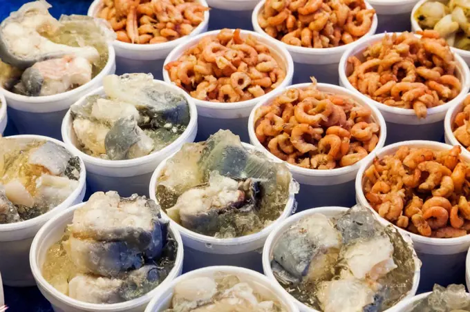 England, London, Southwark, Borough Market, Seafood Stall, Display of Jellied Eels and Potted Shrimp