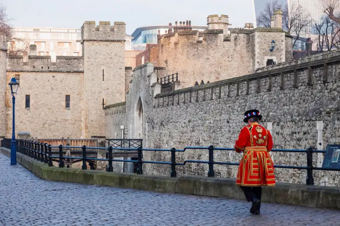 England, London, Tower of London, Tower Walls and Beefeater
