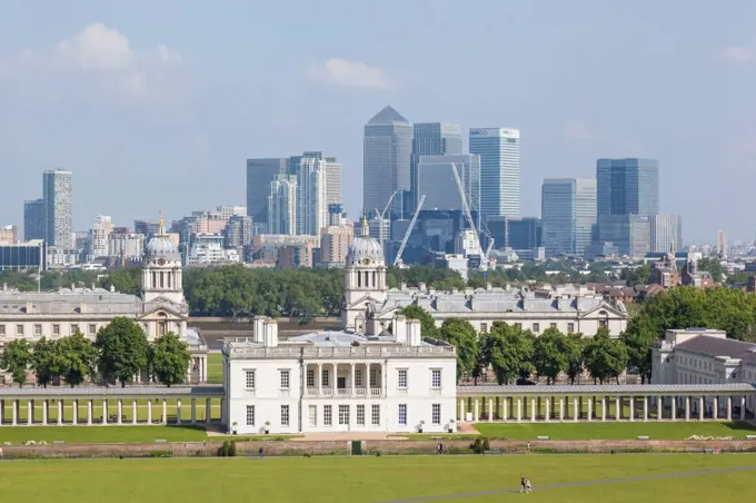 England, London, Greenwich, Greenwich Park and Docklands Skyline