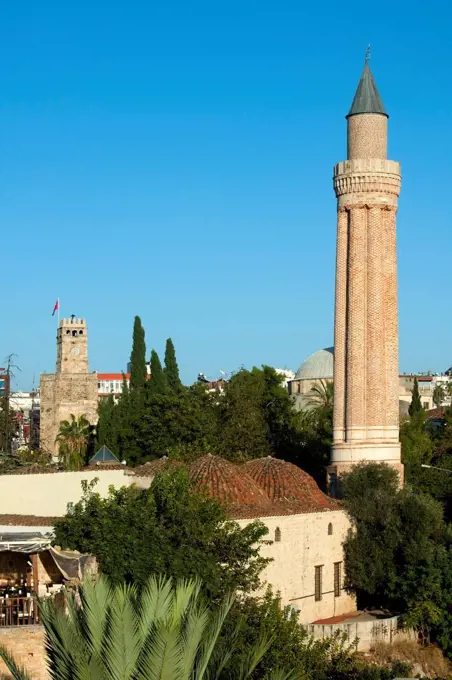 Turkey, Antalya, Alaaddin mosque close the Yivli Minare, on the left the clock tower