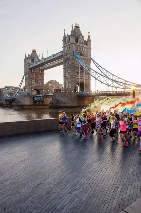 England, London, Tower Bridge and Fitness Group Running
