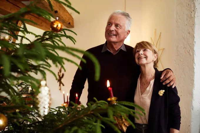 Senior couple in front of Christmas tree, half portrait