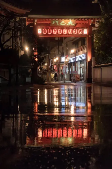 Asia, Japan, Nihon, Nippon, Tokyo, Taito, Asakusa, lanterns are reflecting in a puddle of rain