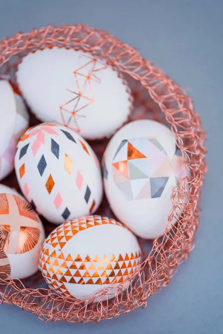 Easter eggs, ornaments, geometrical, copper, Easter nest, detail, close up,