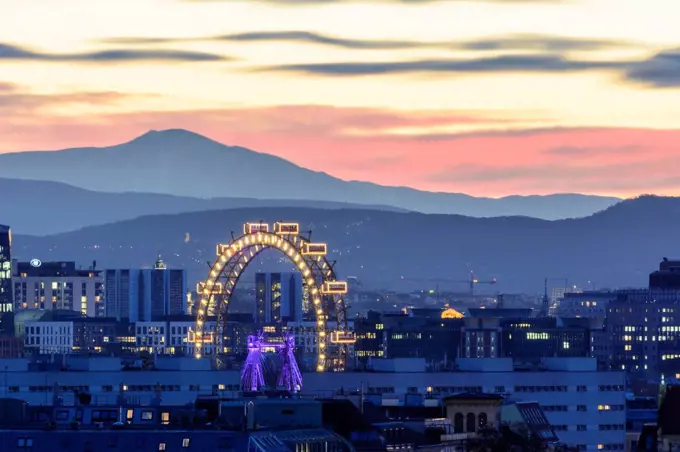 Vienna, Prater, Ferris Wheel, mountain Schneeberg, overview, Wien, Austria
