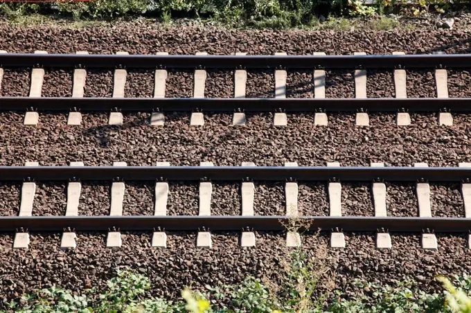 Railroad tracks, Rüdesheim on Rhine, Middle Rhine valley, Rhineland-Palatinate, Germany, Europe