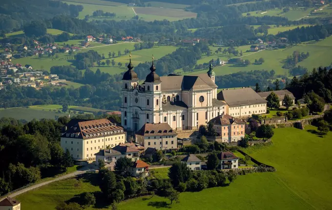 Aerial view, Basilica Sonntagberg, Alpine foothills with green meadows, Biberbach, Lower Austria, Austria