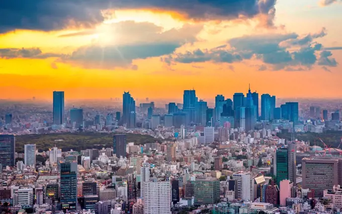 Japan, Tokyo City, Shinjuku skyline, sunset