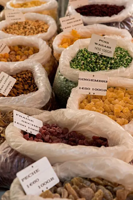 Dried fruits in the market, Provence, France
