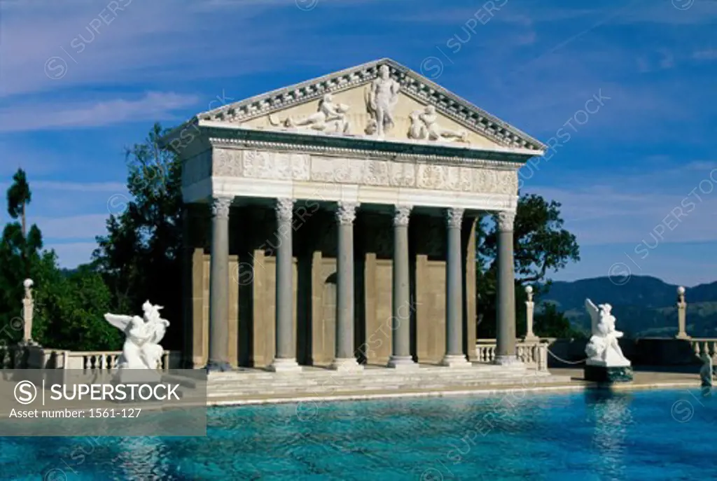 Swimming pool in front of a monument, Neptune Pool, Hearst Castle, San Simeon, California, USA