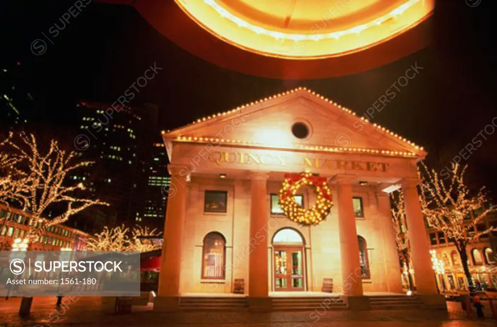 Facade of a building lit up at night, Quincy Market, Boston, Massachusetts, USA