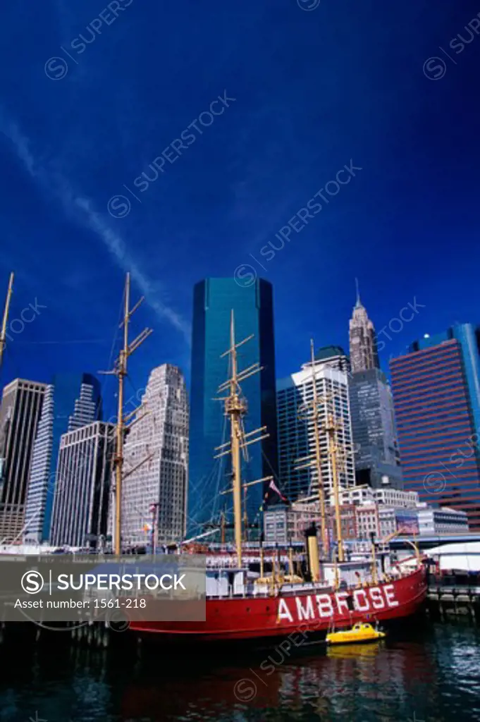 Low angle view of skyscrapers on the waterfront, New York City, New York, USA
