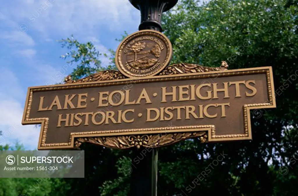 Low angle view of a sign, Lake Eola Heights Historic District, Orlando, Florida, USA