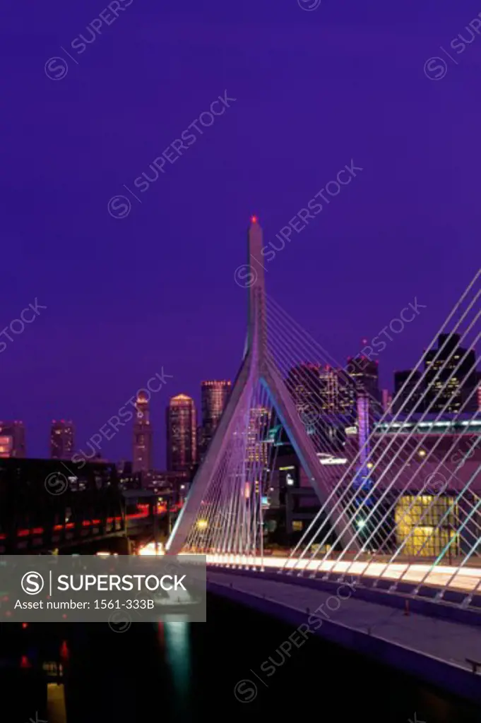 Bridge across a river, Leonard P. Zakim Bunker Hill Bridge, Boston, Massachusetts, USA