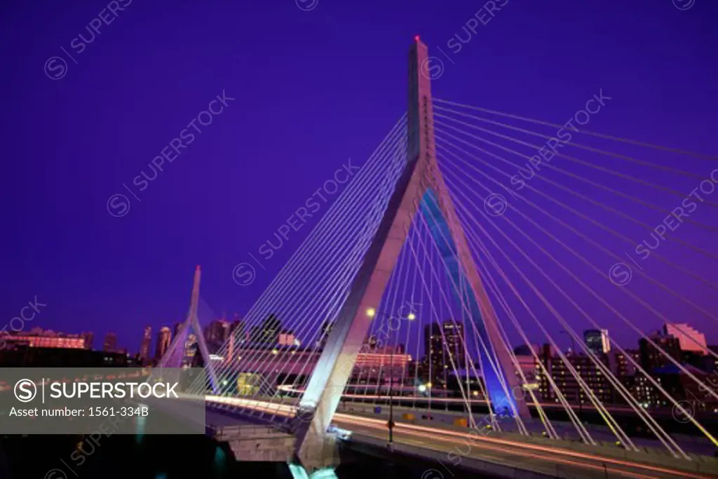 Bridge across a river, Leonard P. Zakim Bunker Hill Bridge, Boston, Massachusetts, USA