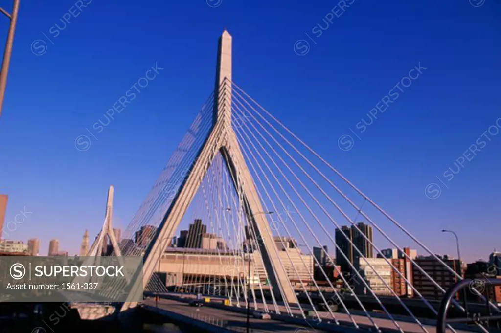 High angle view of traffic moving on a bridge, Leonard P. Zakim Bunker Hill Bridge, Boston, Massachusetts, USA