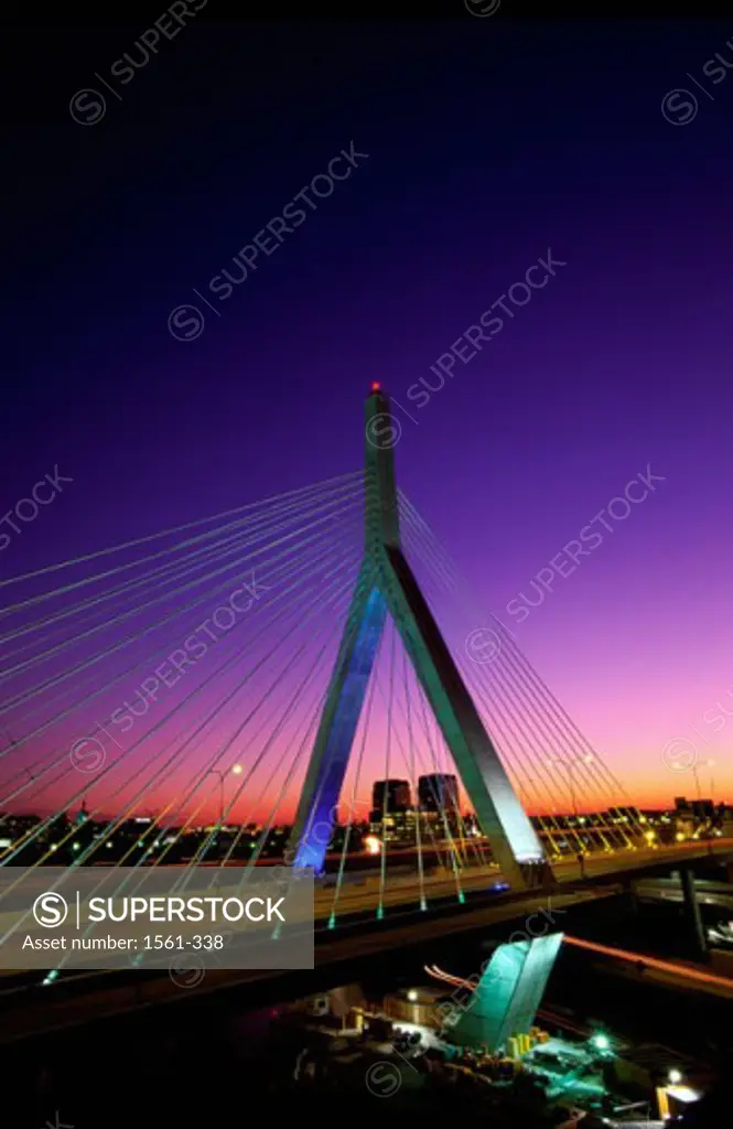 High angle view of a bridge lit up at night, Leonard P. Zakim Bunker Hill Bridge, Boston, Massachusetts, USA