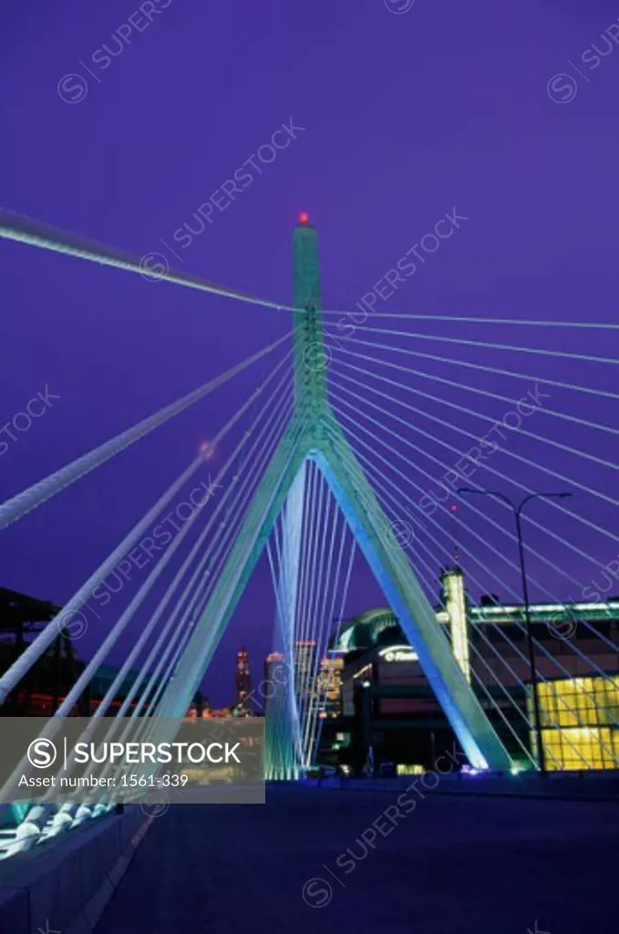Bridge lit up at night, Leonard P. Zakim Bunker Hill Bridge, Boston, Massachusetts, USA