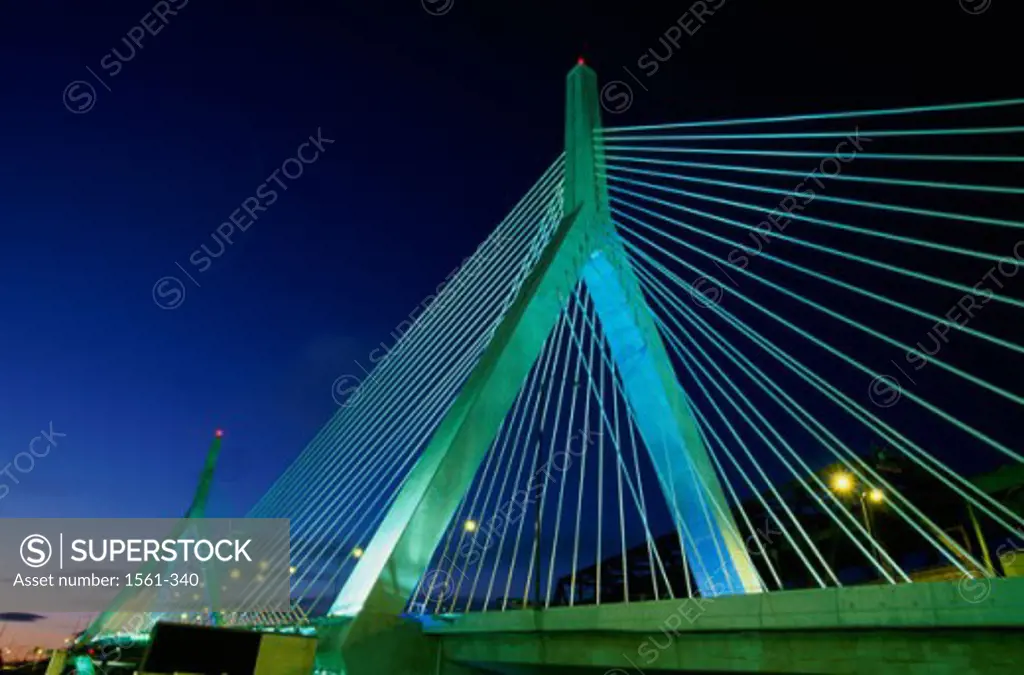 Low angle view of a bridge lit up at night, Leonard P. Zakim Bunker Hill Bridge, Boston, Massachusetts, USA