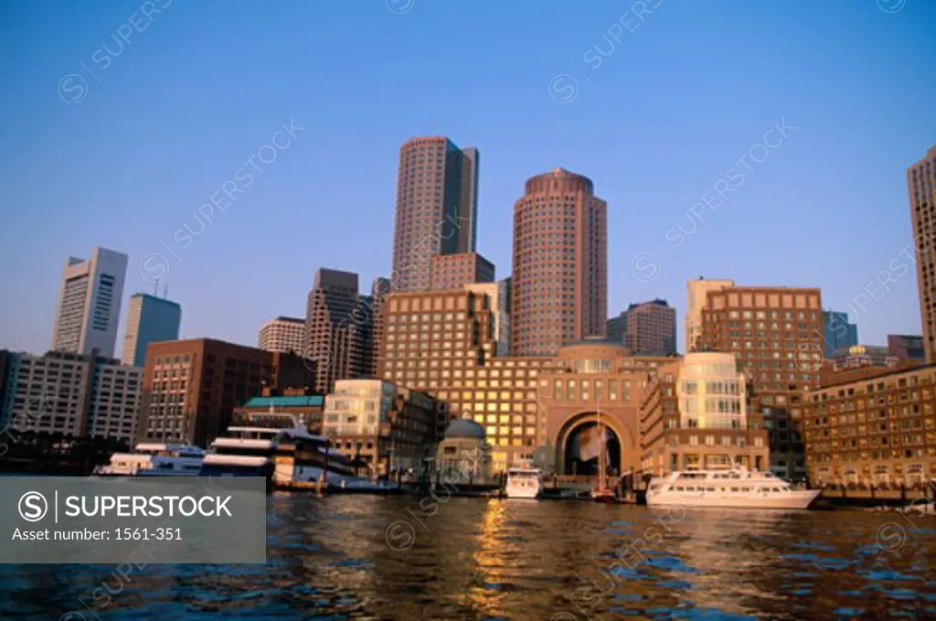 Low angle view of buildings on the waterfront, Boston, Massachusetts, USA