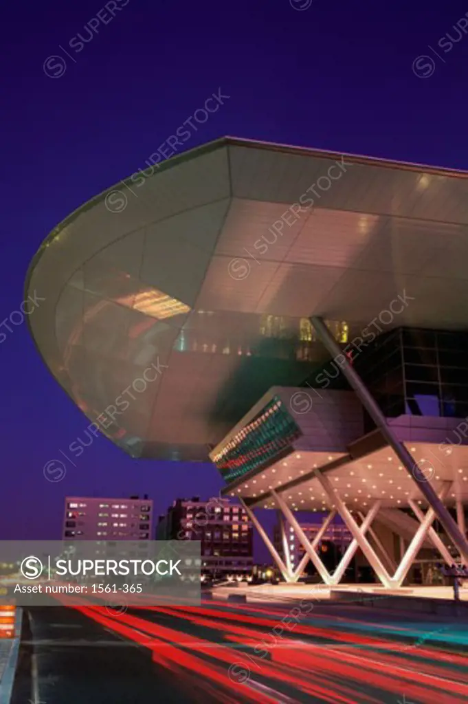 Low angle view of a convention center lit up at night, Boston Convention and Exhibition Center, Boston, Massachusetts, USA