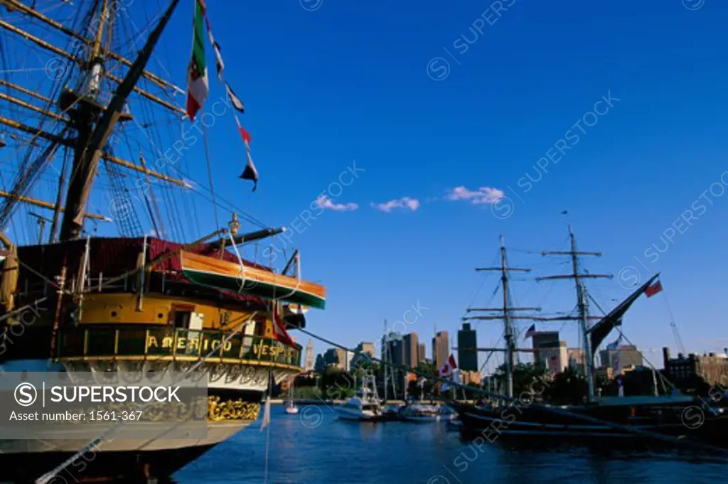 Boats moored in a harbor, Boston Navy Yard, Boston, Massachusetts, USA