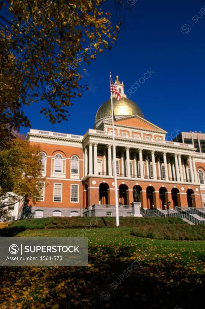 American flag in front of a government building, State Capitol, Boston, Massachusetts, USA