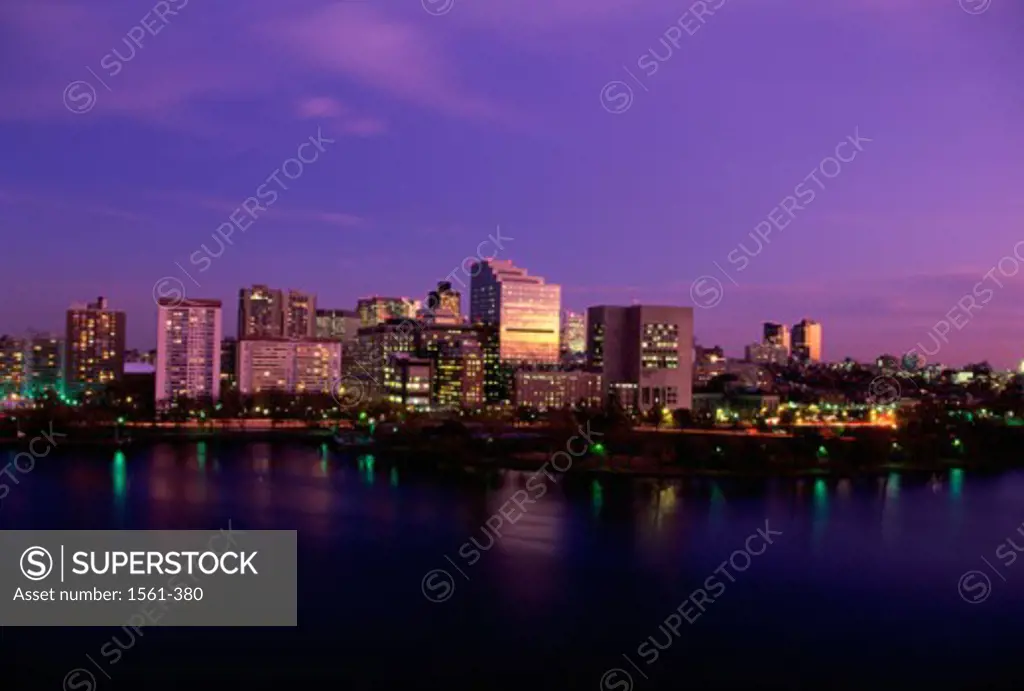 Buildings lit up at dusk, Boston, Massachusetts, USA