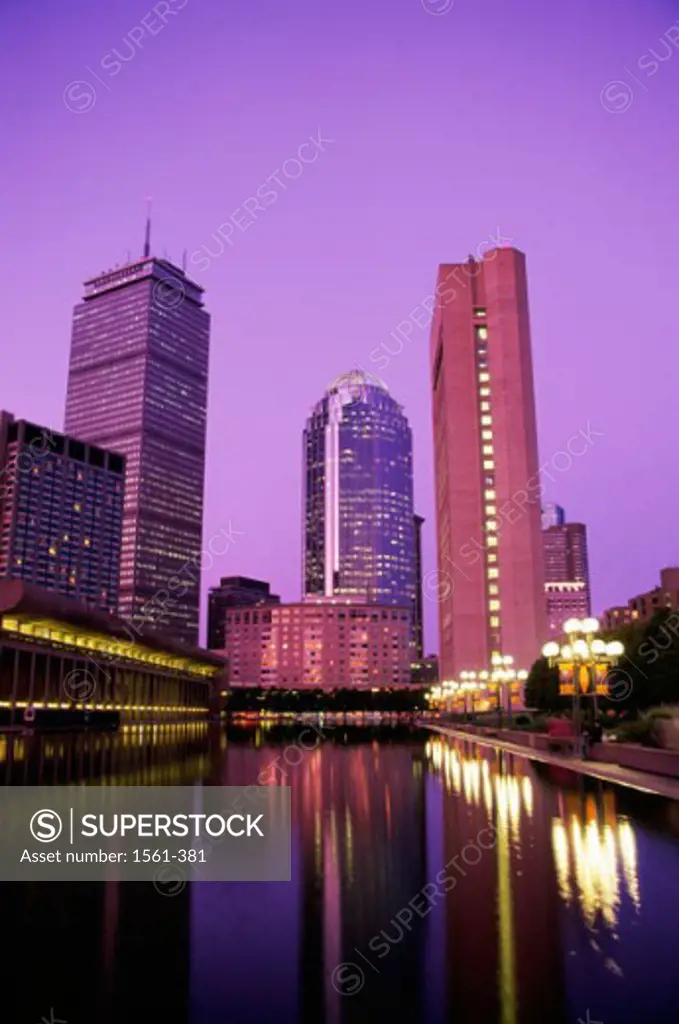 Low angle view of skyscrapers on the waterfront, Christian Science Center, Boston, Massachusetts, USA