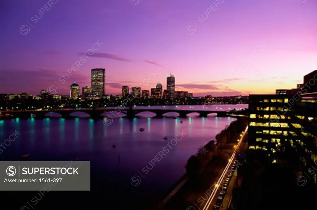 Silhouette of a bridge across a river, Charles River, Boston, Massachusetts, USA