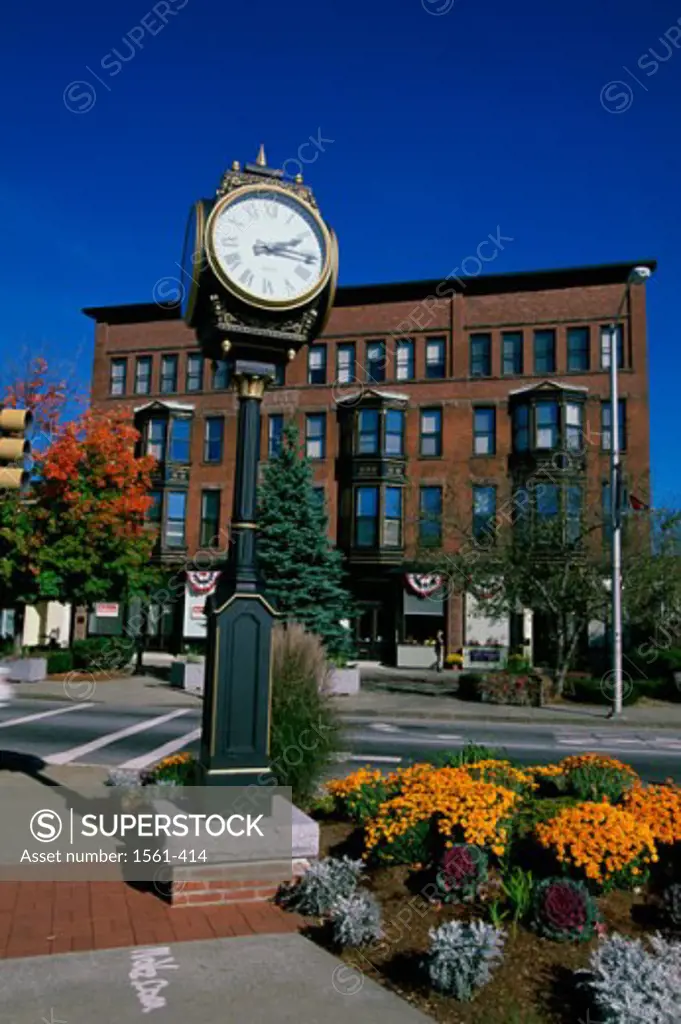 Clock in front of a building, Monument Square, Leominster, Massachusetts, USA