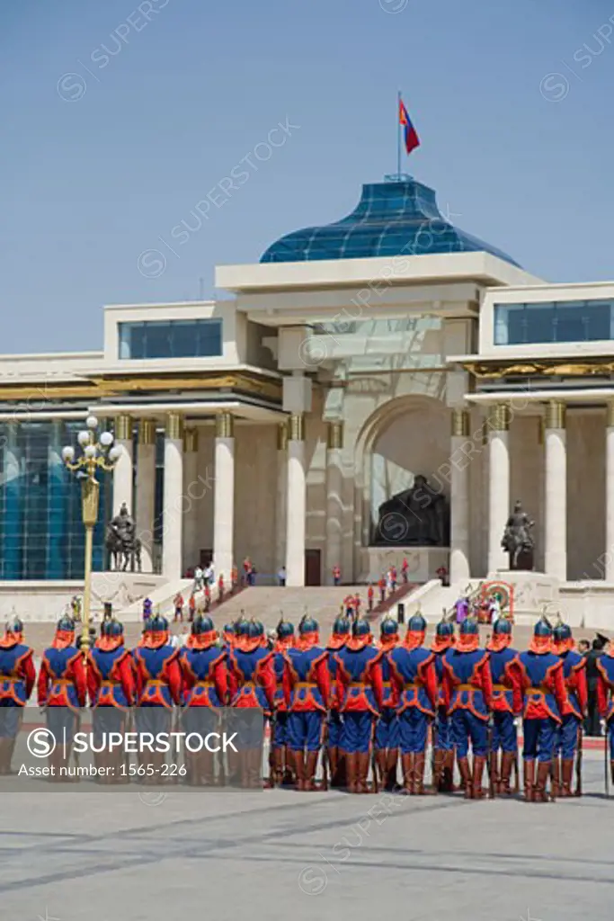 Army soldiers in front of a government building, Parliament House, Sukhbaatar Square, Ulan Bator, Mongolia