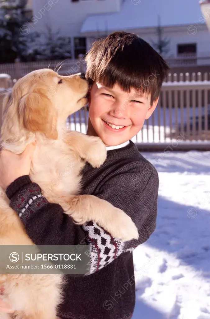 Boy and Golden Retriever puppy