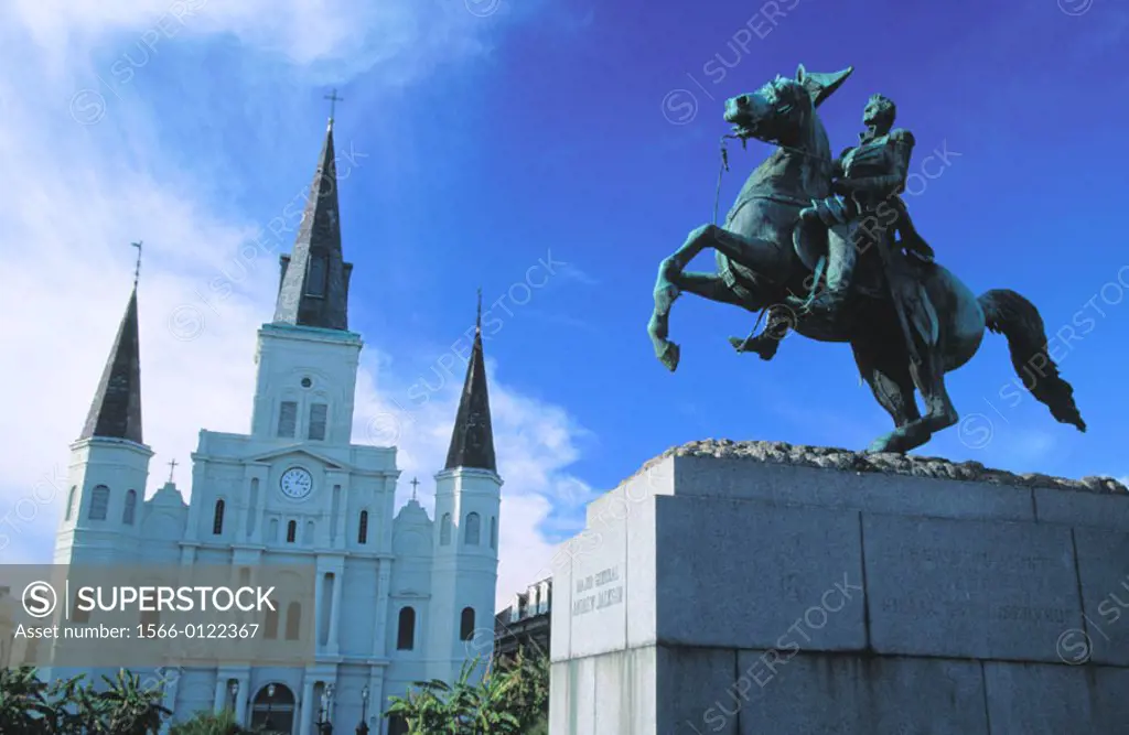 St. Louis Cathedral and General Jackson Statue. Jackson Square. New Orleans. Louisiana. USA