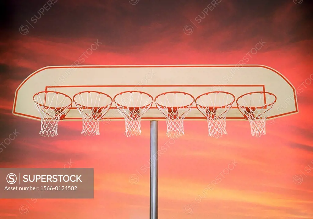 Basketball backboard with six hoops
