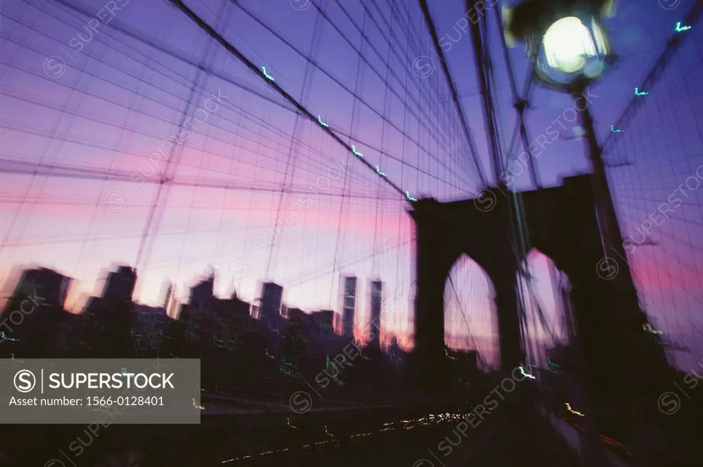 Downtown skyline and Brooklyn Bridge. New York City. USA.