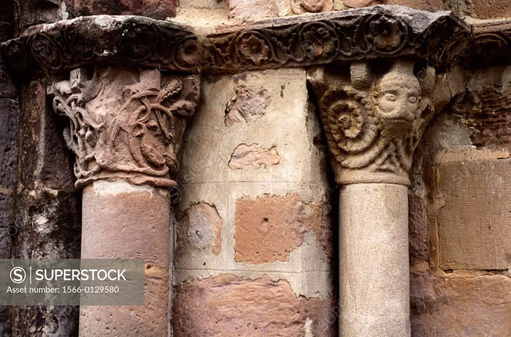 Detail of capitals, one of them with sculpted image of ´baphomet´ (imaginary idol which the Templars were said to workship with licentious rites). Rom...