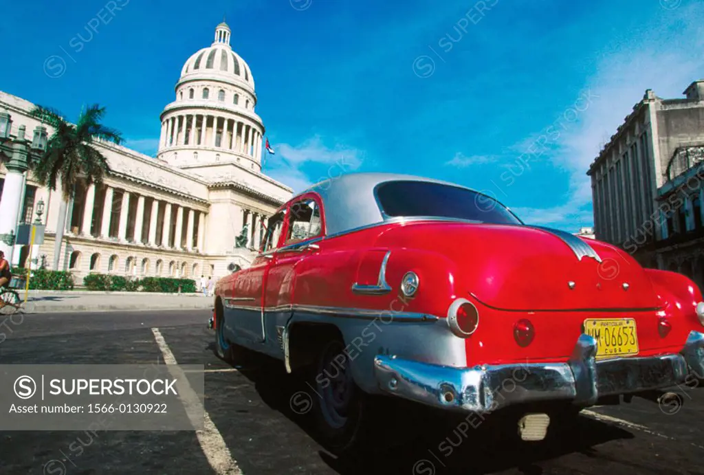 Capitol Building and old car. Havana. Cuba