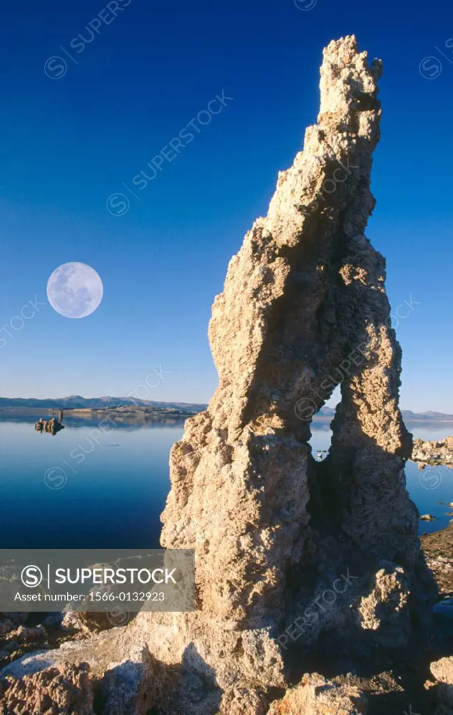 Full moon over tufa formations on the south shore of Mono Lake. Mono Basin National Forest Scenic Area. California. USA
