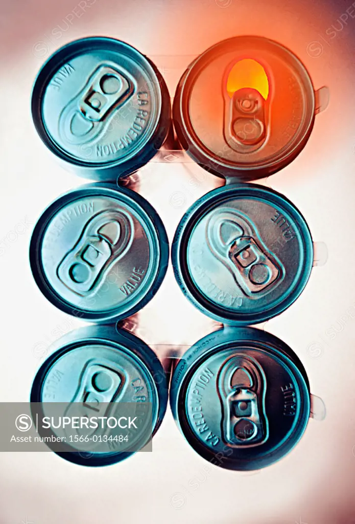 Six pack of aluminum cans, one open